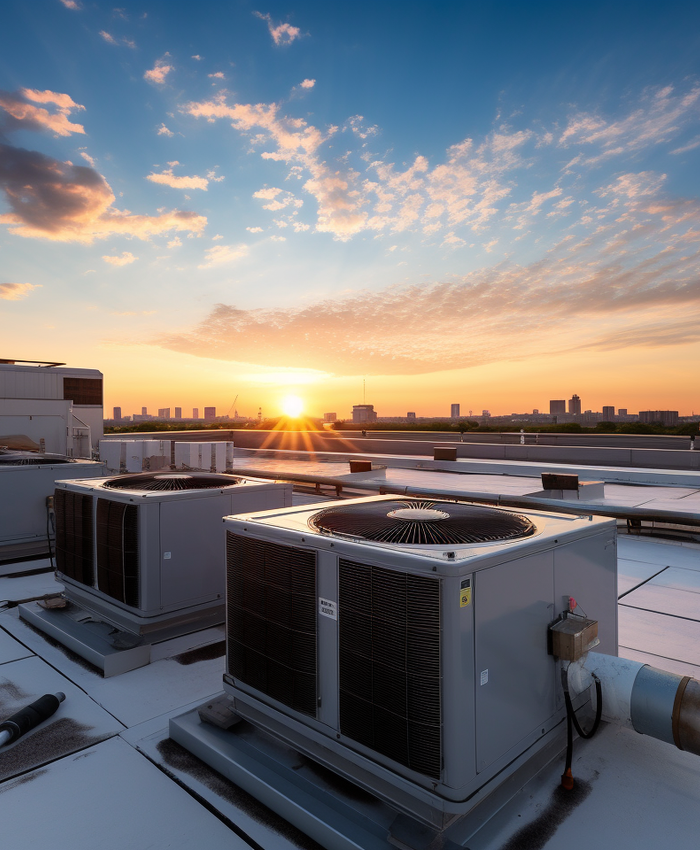commercial hvac units on a roof at sunset